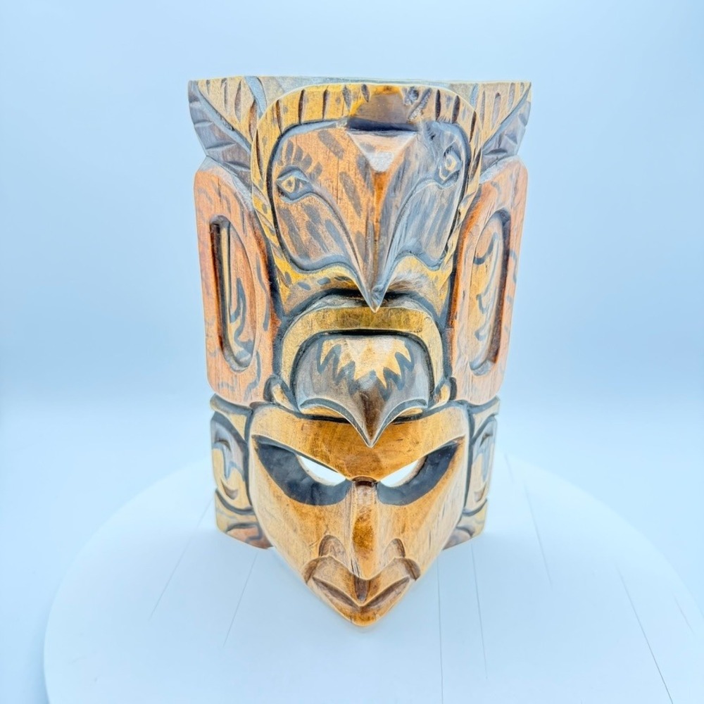 Hand Carved Wooden Totem Mask Eagle Human Face Wall Hanging 10 Inch Brown